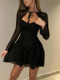 Purpdrank  Sexy Sparkly Sheer Mesh Party Dress Women Fashion Black Tie-up Low Cut Front Long Sleeve A Line Mini Midnight Club Dress
