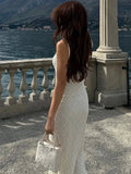 Purpdrank  French Elegant Mesh Lace Dress Woman White Outfits Summer Spaghetti Strap Backless Fishtail Long Dresses