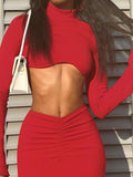 Purpdrank  Women Long Sleeve Knit Crop Top Slim Fitted Bodycon Long Skirt Set Clubwear Outfit