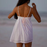 Purpdrank  Sexy Pink Spliced Embroidery Lace Deep V neck Mini Sling Dress Women Adjust Bow Ribbon Back Backless Party Robe Holiday