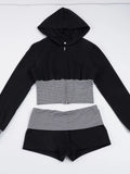 Purpdrank  Women Casual Striped Color Block 2-Piece Set Zip Up Long Sleeve Crop Hoodie & Shorts Matching Suits Streetwear Tracksuit