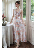 Purpdrank  Elegant Floral Print Sleeveless Maxi Dress Cut-out Waist Design Party Sexy  Backless Straps Colorful Halter Evening Long Dresses