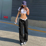Purpdrank  Women Casual Cargo Pants Solid Deep Blue Black Patchwork Straight Leg Trousers With Multiple Pockets