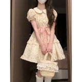Purpdrank  Sweet Floral Doll Collar Princess Style Dress Women's Summer Bubble Sleeve Short Waist Cinched Fluffy Skirt Citywalk A-Line