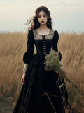 French Hepburn Velvet Black Midi Dress Women Elegant Lace Long Sleeve Dress Sexy Court Retro Evening Party Y2k Dress 2023 Winter