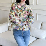 Purpdrank - Vintage jacquard coat autumn and winter new gold button small stand collar long sleeve cardigan temperament short top