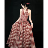Purpdrank  Vintage Plaid Long Dress Women Vacation Beach Sexy Halter Floral Maxi Dresses Summer Korean Backless Bodycon Vestidos New