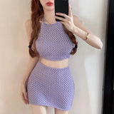 Purpdrank  Boho Style Light Purple Crochet Beach Dress Women Summer Sexy Backless Camis & Short Knitted Skirt Suits Seaside 2 Piece Set