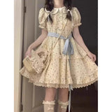 Purpdrank  Sweet Floral Doll Collar Princess Style Dress Women's Summer Bubble Sleeve Short Waist Cinched Fluffy Skirt Citywalk A-Line