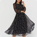 Purpdrank  Fashion Women Polka Dot Chiffon Dress O Neck Long Sleeve Spring Loose A-line Party Dresses Ladies Elegant Holiday Casual Clothes