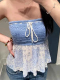 Purpdrank  Floral Crochet Patchwork Tank Tops Women Summer Lace-up Bow Sleeveless Slim Tube Top Preppy Style Sweet Cropped Camisole New