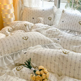 Purpdrank  Skin Friendly Printed Bedding Set With Lace Duvet Cover Bed Sheet Pillowcases A-Class Four Piece Set Bedroom Decor Home Textiles