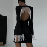 Purpdrank  Sexy Square Collar Hollow Backless Club Dress Solid Flare Sleeve Tassel Edge Party Dresses High Street  Mini Dresses