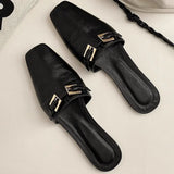 Purpdrank  High Quality Metal Buckle Decoration Flat Slipper Women Elegant Square Toe Black Casual Shoe Summer Comfort Brand Designer Shoes