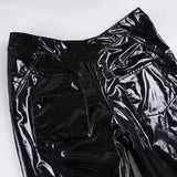 Purpdrank  Cool Reflective Patent Leather Flare Pants Women's Black Low Waist Slim Fit Retro Streetwear Casual Female Long Trousers