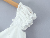 Purpdrank  Sweet White Hollow Out Embroidery Hole Bow V neck Wood ears Sleeve Tank Top Women Summer Elastic Back Swing Hem Vest Crop Top