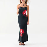 Purpdrank  Women's Aesthetic Camisole Dress Floral Print Sleeveless Backless Sexy Dress Long Slim Dress Party Dress