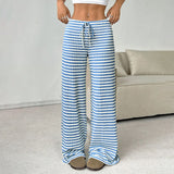 Purpdrank  Women's Fashion Casual Striped Elastic Waistband Drawstring Straight Leg Pants Classic Soft Daily Versatile Comfy Trousers
