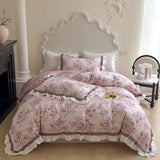 Purpdrank  500TC Egyptian Cotton Vintage French Rose Flowers Print Ruffles Bedding Set Duvet Cover Flat/Fitted Bed Sheet Pillowcases 4Pcs