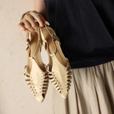 Purpdrank   Summer Women Sandals Genuine Leather Shoes for Women Pointed Toe Chunky Heel Shoes Elegant Cover Toe Slingback Hollow Sandals