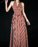 Purpdrank  Vintage Plaid Long Dress Women Vacation Beach Sexy Halter Floral Maxi Dresses Summer Korean Backless Bodycon Vestidos New
