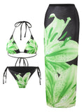 Purpdrank  Sexy Bikini Three-Piece Set Print Vacation Skirt Separate Long Skirt Beach Tie Summer Swimwear Polyester Fabric with Chest Pad