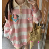 Purpdrank  Sweaters Women Korean Fashion Striped Turn-down Collar Pullover Outwear Autumn New Gentle Casual Sweater Pull Femme