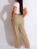 Purpdrank  Women Casual Loose Straight Pants High Waisted Button Wide Leg Trousers Pleated Long Culottes Pants Elastic Trouser with Pockets