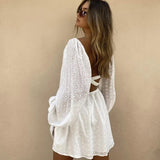Purpdrank  Sexy Backless Hollow Out Lace Dress Women Robe Vintage Floral Embroidery Long Sleeve Cotton Mini Dresses Summer Vestidos