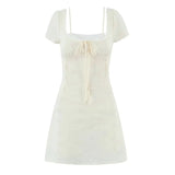 Purpdrank  Retro Beige Hollow Out Embroidery Mini Dress Sweet Girl Short Sleeve A-line Slim Summer Dresses Holiday Robe