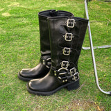 Purpdrank  Brown Belt Bule Western Boots Women's Spring Summer Retro over Knee Long Boots  Boots Casual High Top Faion Boots
