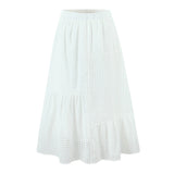 Purpdrank  Holiday White Embroidery Spliced Hollow Out Hole Elastic Waist Maxi Long Skirt Women Ruffles Hem Swing A-lined Skirts Boho