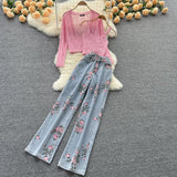 Purpdrank - Women Sweet Korean Pink Sweet 3 Pieces Set For Women Knitted Sling Vest +sunscreen+floral Print Wide Leg Denim Long Pants Suits