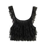 Purpdrank  Creamy Lace Ruffled Layered Strappy Top Women Blouses Vintage Sleeveless O Neck Cropped Camisole Boho Beach Sheer Tanks Tops