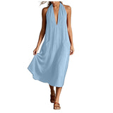 Purpdrank  Women's Halter Neck Deep V Maxi Dress Sleeveless Loose Flowy Long Dress With Pockets Casual Beach Cover Up Dress For Vacation