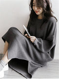 Autumn Winter Oversize Women's Knitted Dresses New O-Neck Side Split Loose Long Sleeve Sweater Dress Female