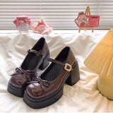 Purpdrank  Brown Thick Heel Bow Tie Women's Shoes New Style Autumn Heightening British Style Single Shoes Thick Bottom High Heels
