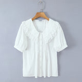 Purpdrank  Holiday White Spliced Wood ears Lace Peter Pan Collar Short Puff Sleeve Shirt Women Fold Pleated Front Open Buttons Blouses Tops
