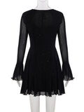 Purpdrank  Sexy Sparkly Sheer Mesh Party Dress Women Fashion Black Tie-up Low Cut Front Long Sleeve A Line Mini Midnight Club Dress