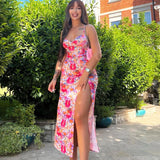 Purpdrank  Elegant Floral Pirnting Summer Dresses Women Spaghetti Strap V-neck Side Split Night Club Party Sexy Bodycon Midi Dress Vestidos