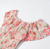 Purpdrank  Romantic Pink Floral Print Ruched Slash Shoulder Short Sleeve Chiffon Dress Women Elastic Body Ruffles Hem Mini Dresses Vestidos