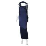 Purpdrank  Elegant Satin Scarf Spaghetti Strap Maxi Dresses For Women Sexy Slit Party Evening Dress Navy Blue Gowns