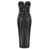 Purpdrank  Pu Leather Strapless Backless Sexy Dress Women Elegant Tight Button Wrap Evening Dress Summer Fall Party Mermaid Midi Dress