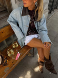 Purpdrank  Autumn Denim Patchwork Jacket Women PU Leather Turn Down Collar Long Sleeve Pockets Coats Female High Street Chic Outerwear