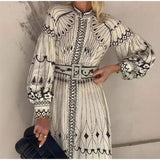 Purpdrank  Spring Women Vintage Long Dress Print Sashes Lantern Long sleeve Dresses Female Summer Elegant Fashion Office Lady Clothes