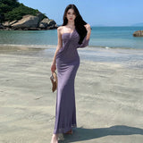 Purpdrank  French Design Sense Pure Desire Style Strapless Off-Shoulder Dress Retro High-End Banquet Beach Vacation Long Dress