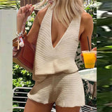 Purpdrank  Spring Casual Solid Knit 2 Piece Set Sexy Deep V Neck Vest Top And Shorts Outfit New Summer Beach Vacation Women's Suit Harajuku