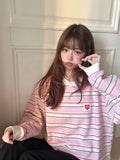 Purpdrank  Sweet Pink Striped Long Sleeve T-Shirt Women's Oversize V-neck Princess Sleeve Thermal Treatment Polyester Blend Fabric Top