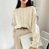 Purpdrank  Women Fall Winter Twist Knit Top Pullover Sweater Loose Round Neck Solid Color Versatile Fashionable Comfortable Petite