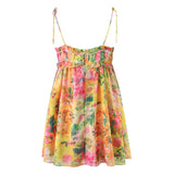 Purpdrank  Women Bow Lacing up Sling Robe Holiday BOHO Ruched Chest Orange Flower Print Spaghetti Strap Mini Dress